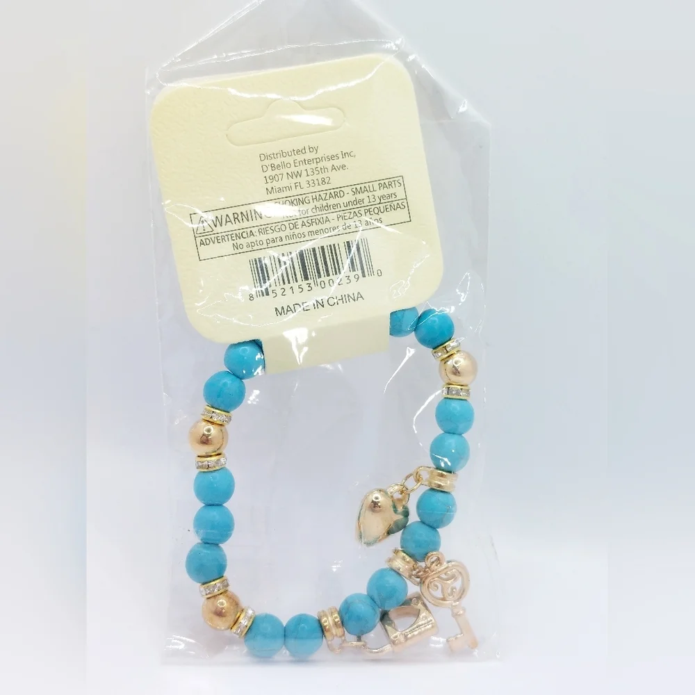 D'Bello Beaded Blue Lock,‎ Key, and Heart Stretchy Bracelet